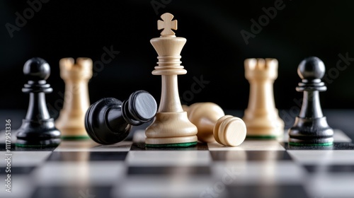 A close-up of chess pieces on a board during an intense game.