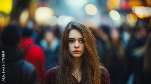 Einsame, traurige Frau inmitten verschwommener Menschenmenge, symbolisiert Depression und Isolation in der Großstadt, emotionales Portrait photo