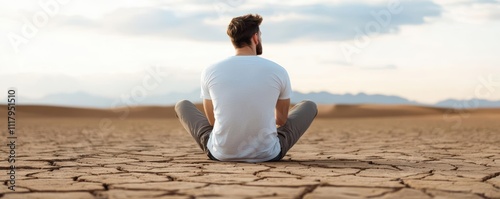 A man sits in solitude on a cracked earth landscape, reflecting.