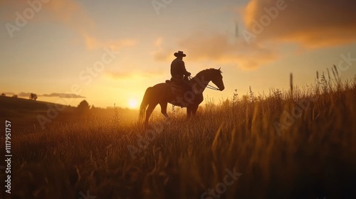 A silhouette of a cowboy on horseback against a sunset backdrop in a grassy field.