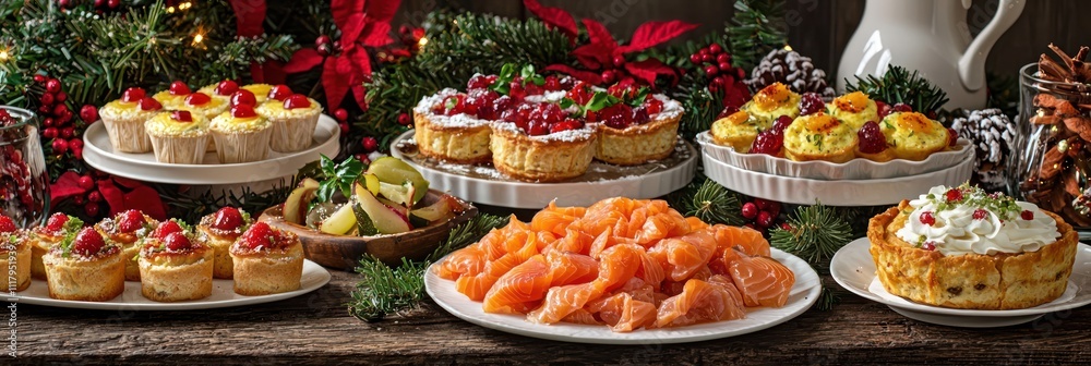 A Christmas brunch table filled with a luxurious array of dishes, including smoked salmon, quiches, and fruit parfaits, all set against a backdrop of elegant tableware and festive floral arrangements. A Christmas brunch table filled with a luxurious array of dishes, including smoked salmon, quiches, and fruit parfaits, all set against a backdrop of elegant tableware and festive floral arrangements.