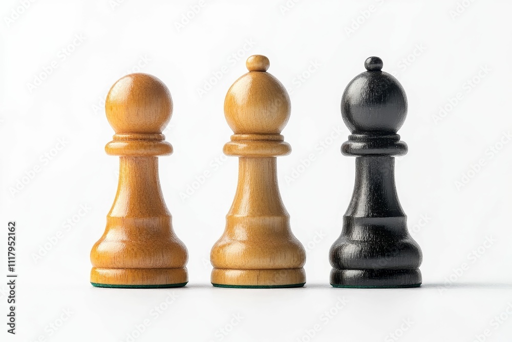 Three chess pieces; two light, one dark. Three chess pieces; two light, one dark.