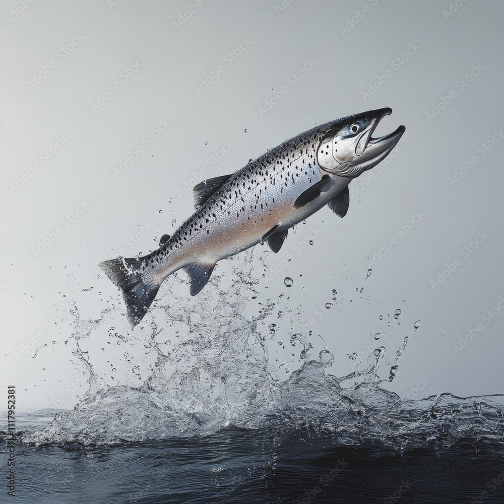 Obraz premium Salmon Leaping from Water Against Gray Background
