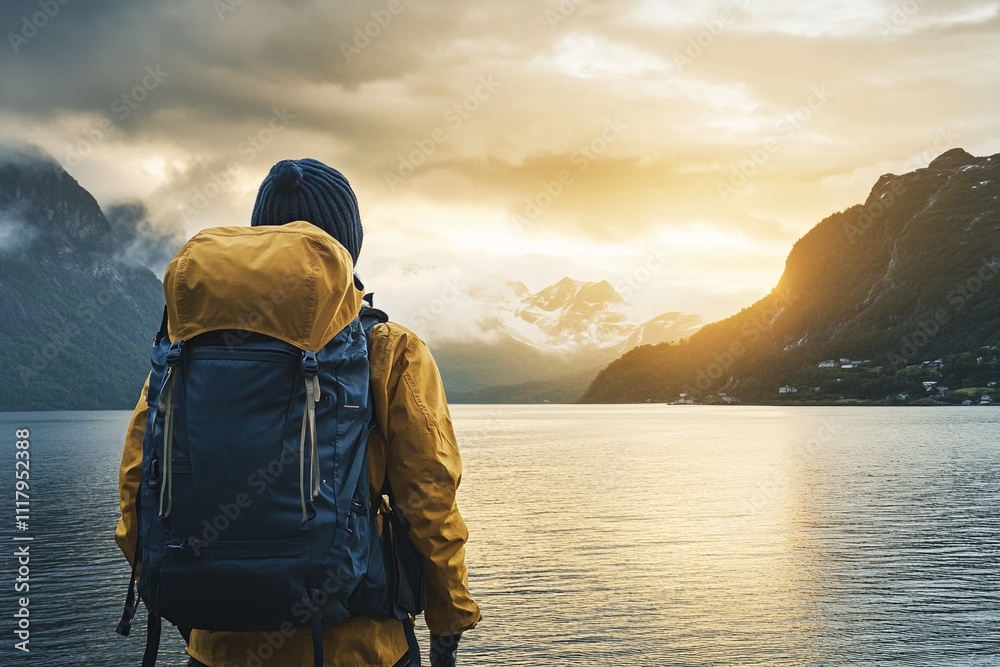 Young caucasian male hiker in yellow jacket enjoying mountain lake sunset Young caucasian male hiker in yellow jacket enjoying mountain lake sunset