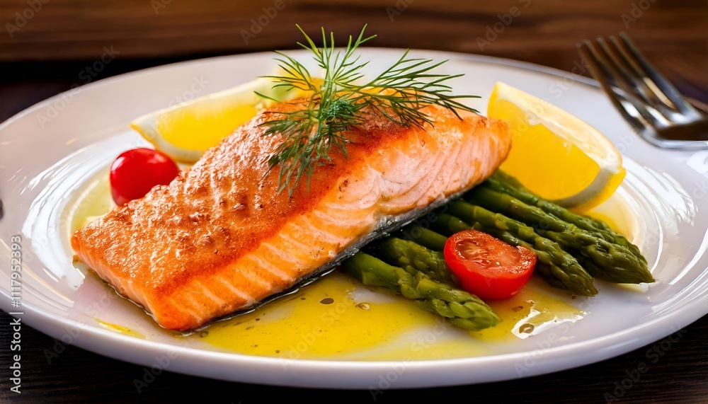 Close-up of Gourmet Grilled Salmon with Asparagus, Cherry Tomatoes, Lemon, and Dill on White Plate Close-up of Gourmet Grilled Salmon with Asparagus, Cherry Tomatoes, Lemon, and Dill on White Plate