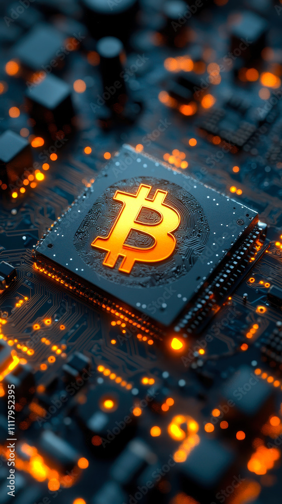 Bitcoin Symbol on Circuit Board Representing Digital Currency and Blockchain Technology Bitcoin Symbol on Circuit Board Representing Digital Currency and Blockchain Technology