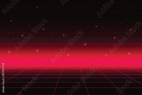 Pixel art background.8 bit game. Retro Futurism Sci-Fi Background. glowing neon grid and stars from vintage arcade comp