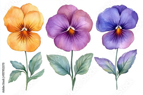 Wallpaper Mural Three watercolor pansy flowers in vibrant colors with green leaves. Torontodigital.ca
