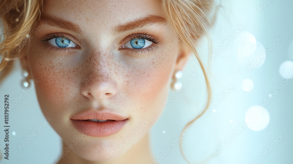 Close-up portrait of a young woman with freckles and blue eyes. Close-up portrait of a young woman with freckles and blue eyes.
