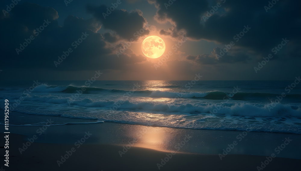 Moonlit Ocean Shore with Glowing Waves Moonlit Ocean Shore with Glowing Waves