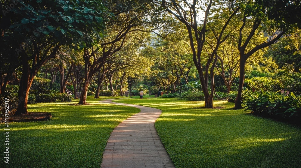 Fototapeta premium A serene pathway winding through a lush green park filled with trees and vibrant foliage.