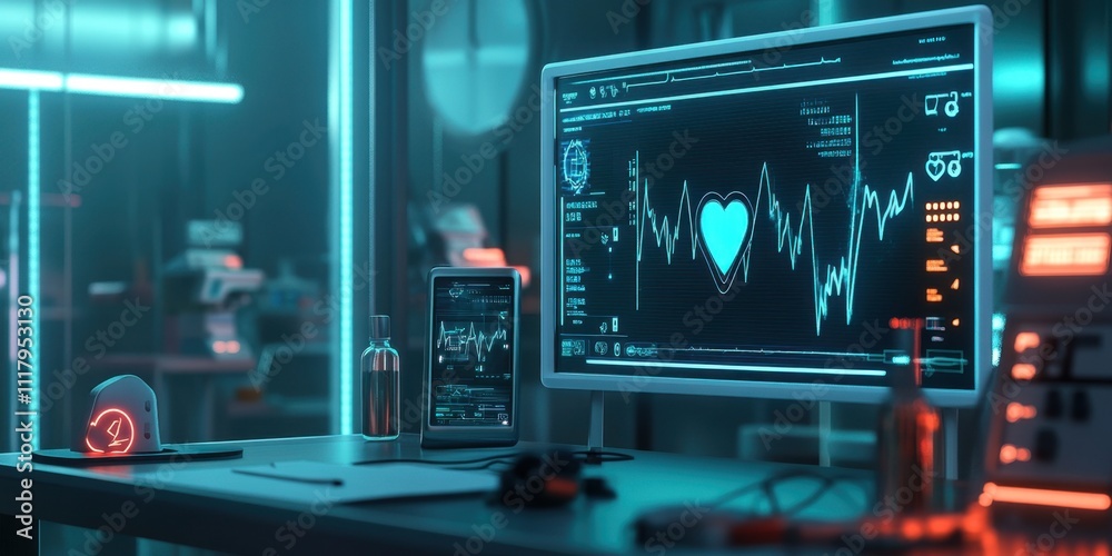 Futuristic Medical Technology Interface: Heart Rate Monitoring System in a High-Tech Laboratory Setting Futuristic Medical Technology Interface: Heart Rate Monitoring System in a High-Tech Laboratory Setting