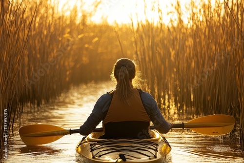 Lone female kayaker paddling through golden sunset waterway surrounded by tall reeds photo