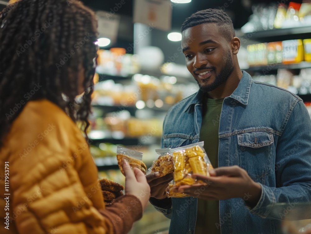 A man and woman shopping in a supermarket. A man and woman shopping in a supermarket.