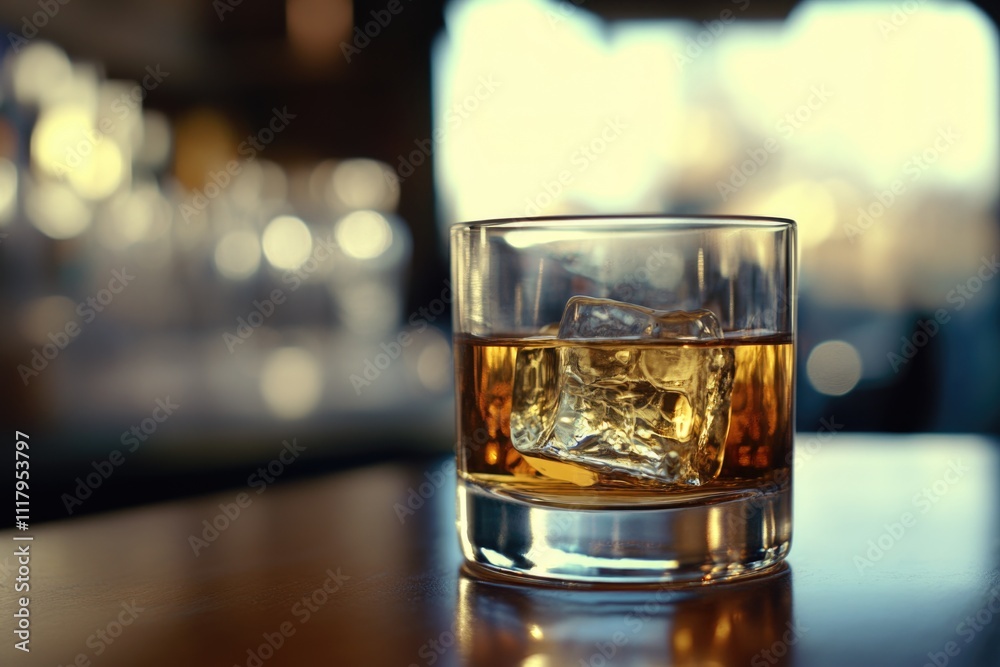 Shot of whiskey with ice cubes on wooden table in bar atmosphere. Shot of whiskey with ice cubes on wooden table in bar atmosphere.