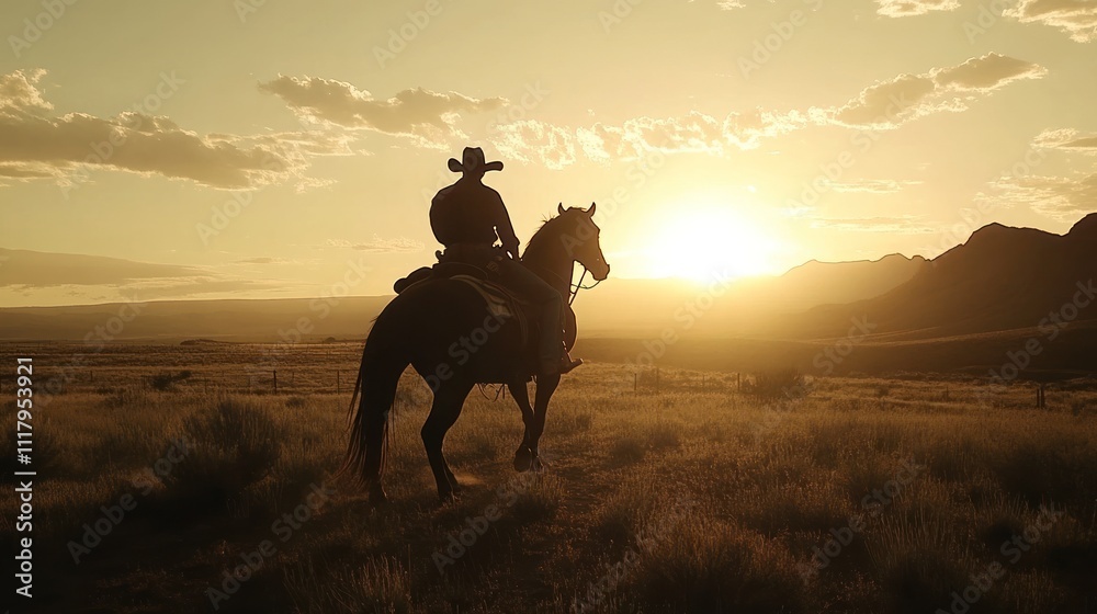 Fototapeta premium A silhouetted cowboy on horseback against a sunset in a vast landscape.