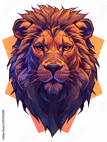 Majestic lion head illustration with vibrant orange and purple hues, set against a geometric background. photo