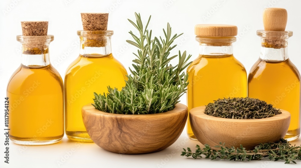 Fresh rosemary and black thyme are displayed in a wooden mortar alongside oil bottles, showcasing aromatic culinary ingredients Fresh rosemary and black thyme are displayed in a wooden mortar alongside oil bottles, showcasing aromatic culinary ingredients