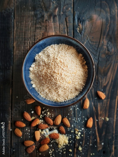 Closeup of coconut sugar crystals with almond slices on a wooden table. Coconut sugar is a natural, plant-based sugar alternative that adds sweetness to recipes without added refined sugars. photo