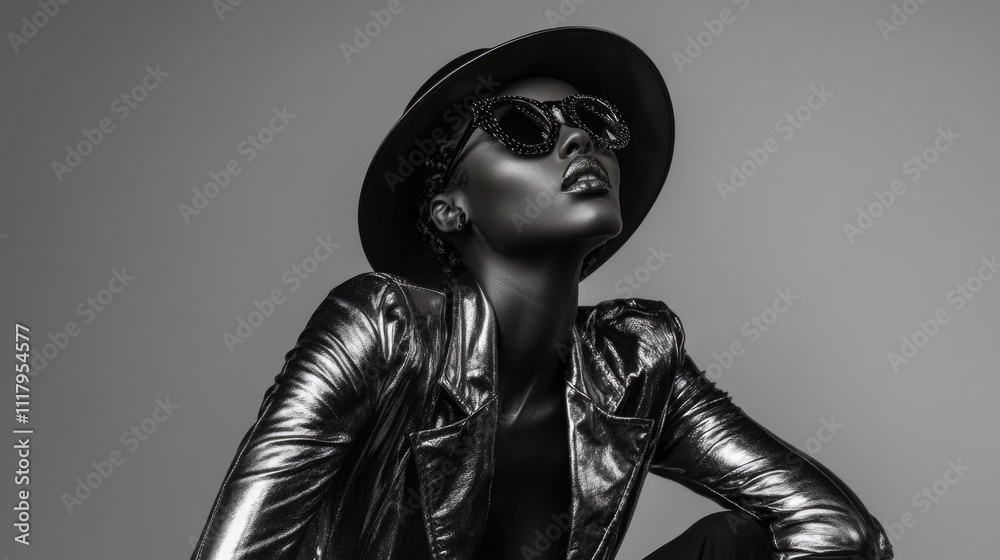Elegant and stylish fashion model with a trendy black and white image. Confident pose in metallic jacket, sunglasses, hat. Elegant and stylish fashion model with a trendy black and white image. Confident pose in metallic jacket, sunglasses, hat.