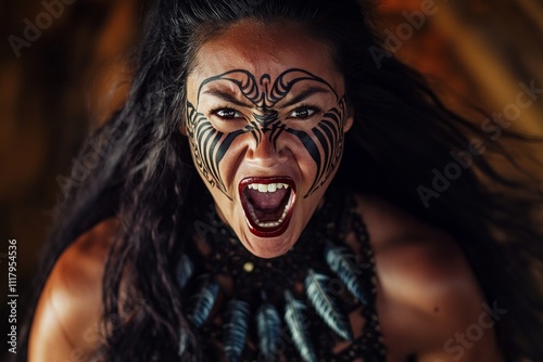 Fierce warrior woman with tribal face paint and necklaces photo