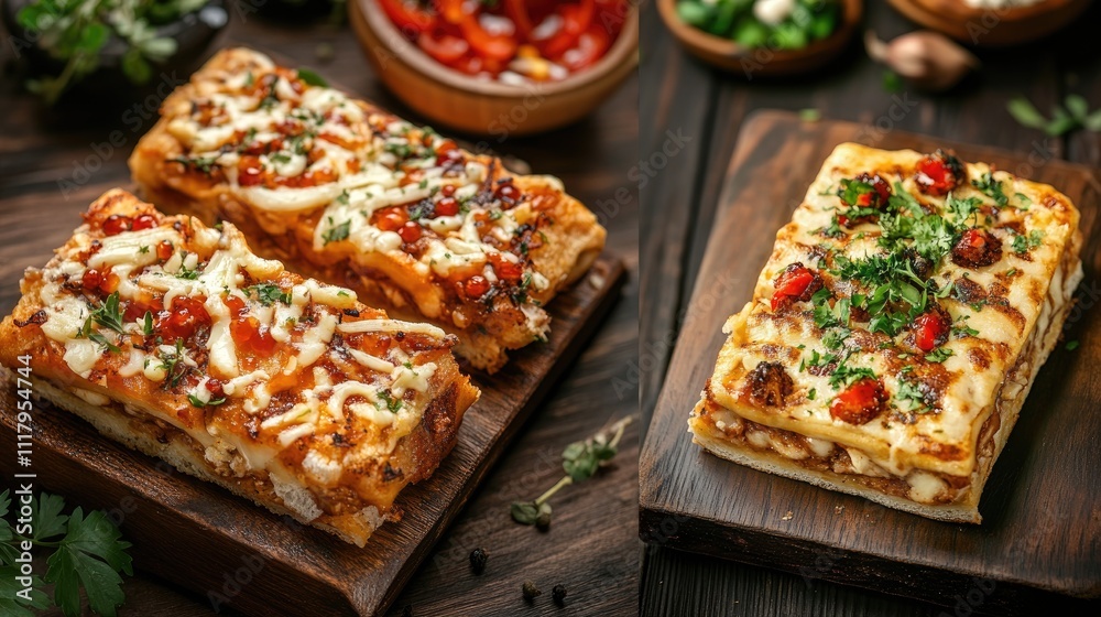 Delicious Cheesy Pizza Bread Appetizers on Wooden Boards Delicious Cheesy Pizza Bread Appetizers on Wooden Boards