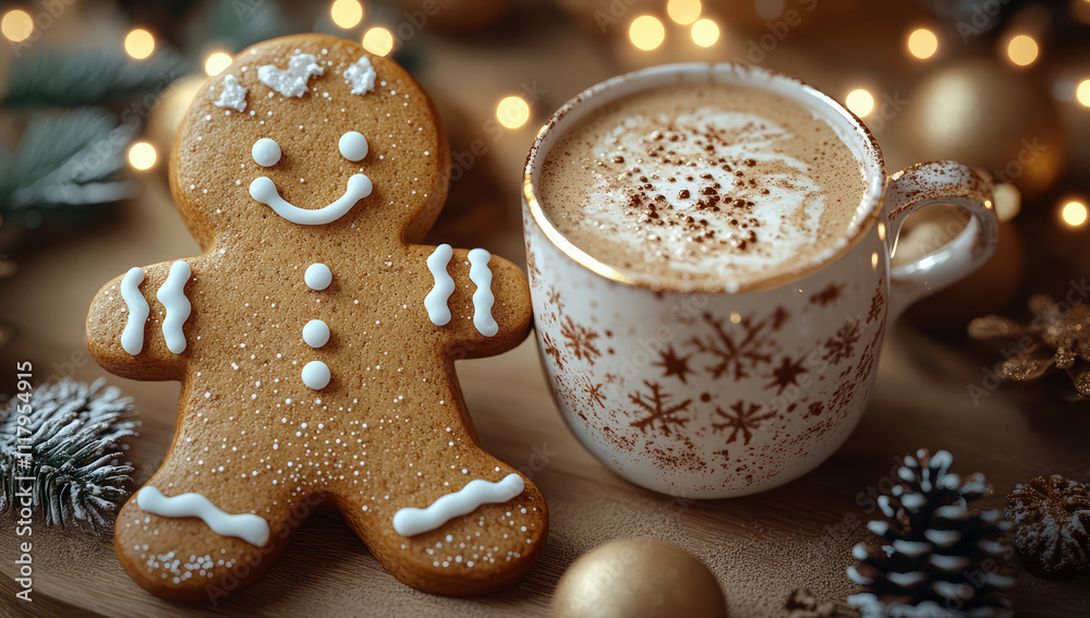 Adorable gingerbread man with next a cup of hot cocoa Adorable gingerbread man with next a cup of hot cocoa