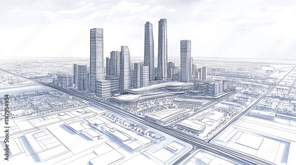A sketch of a modern city skyline featuring tall buildings and urban infrastructure. A sketch of a modern city skyline featuring tall buildings and urban infrastructure.