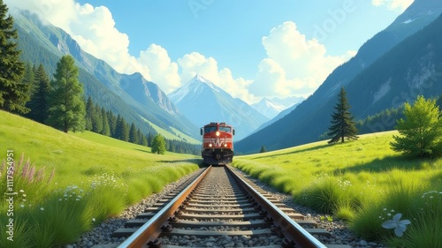 illustration of a train rushing towards the viewer along a railway among high mountains