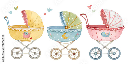 baby carriage stroller set  watercolor sketch illustration