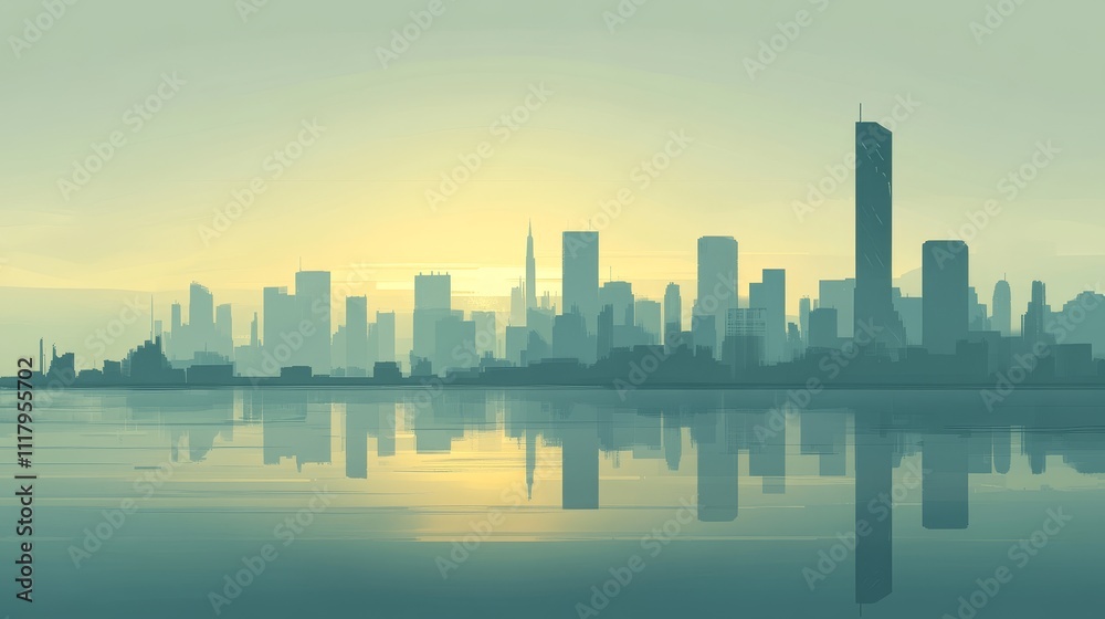 A serene skyline at dawn, reflecting on calm waters, evoking tranquility and urban beauty. A serene skyline at dawn, reflecting on calm waters, evoking tranquility and urban beauty.