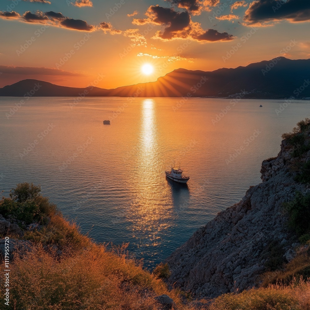 Naklejka premium Sunset Over Tranquil Water with Silhouetted Hills