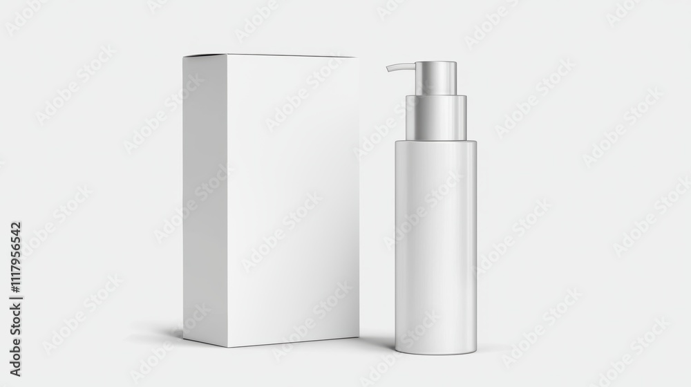 A sleek, minimalistic design featuring a white pump bottle beside a matching box, ideal for skincare or cosmetic products. A sleek, minimalistic design featuring a white pump bottle beside a matching box, ideal for skincare or cosmetic products.