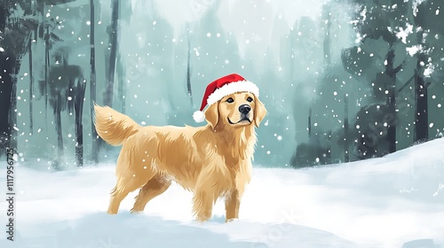Cute golden retriever dog wearing a red Santa Claus hat in a snow falling sky scene, set in a winter forest landscape for Christmas holidays, perfect for a Christmas card