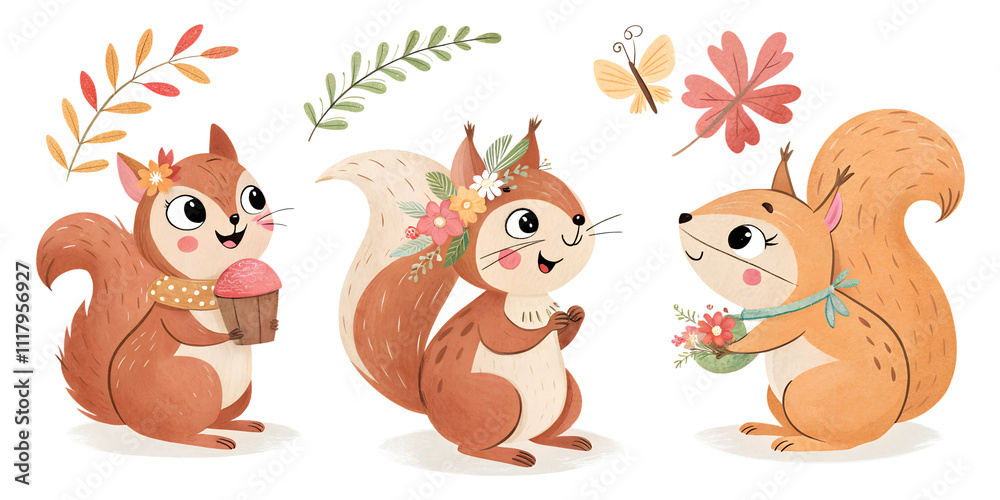 Obraz premium cute squirrel watercolor sketch illustration