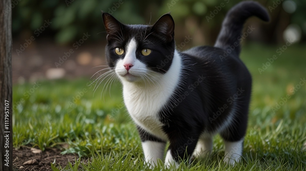 Tuxedo cat standing in grass, alert. Tuxedo cat standing in grass, alert.
