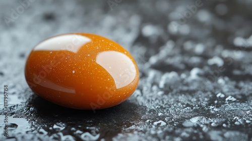 A smooth, orange, round stone on a black, textured surface.
