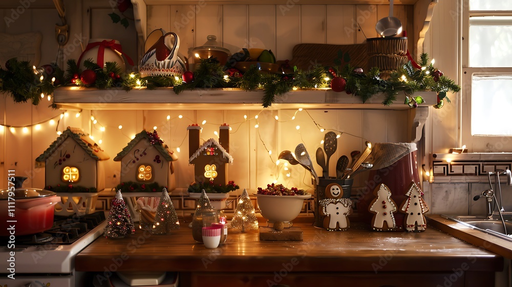 A cozy country kitchen adorned with gingerbread houses, twinkling string lights, and holiday-themed cookware, creating a festive atmosphere. A cozy country kitchen adorned with gingerbread houses, twinkling string lights, and holiday-themed cookware, creating a festive atmosphere.