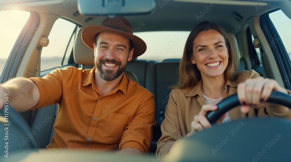 Cheerful Couple Enjoying a Sunny Drive in a Modern Car Cheerful Couple Enjoying a Sunny Drive in a Modern Car