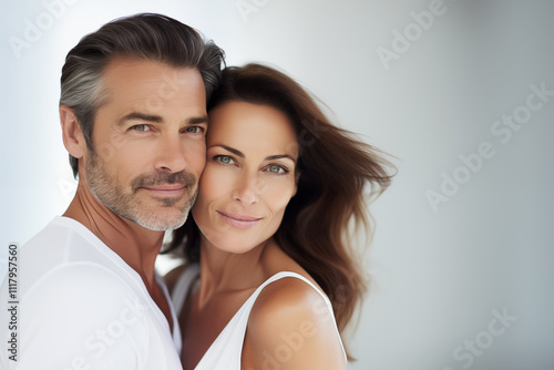 Middle adult man and woman in 50s with smooth and well-hydrated skin and healthy hair. Mature man and woman, skin care, cosmetic, beauty treatment and hair care