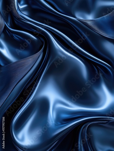 Abstract blue flowing liquid surface with metallic reflections.