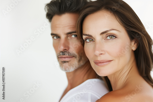 Middle adult man and woman in 40s with smooth and well-hydrated skin and healthy hair. Mature man and woman, skin care, cosmetic, beauty treatment and hair care
