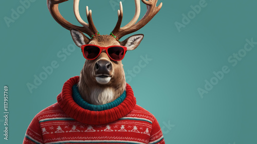 Cheerful Reindeer Character in a Cozy Christmas Sweater, Sporting Sunglasses and Lighted Antlers, Full of Holiday Spirit photo