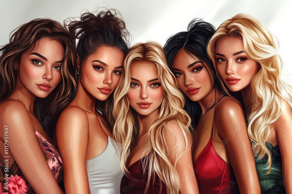 Obraz premium Cartoon style illustration of beautiful women posing in vector art with pencil drawing effect