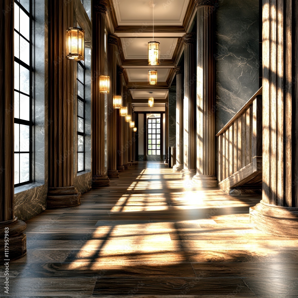 Sunlit Grand Hallway with Marble and Wood Sunlit Grand Hallway with Marble and Wood