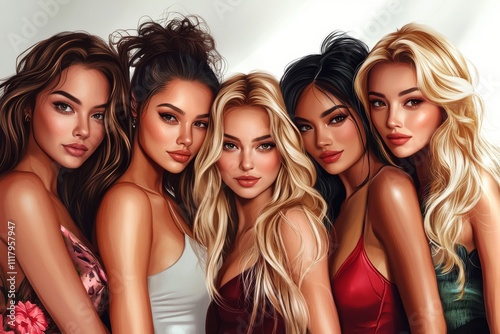 Cartoon style illustration of beautiful women posing in vector art with pencil drawing effect