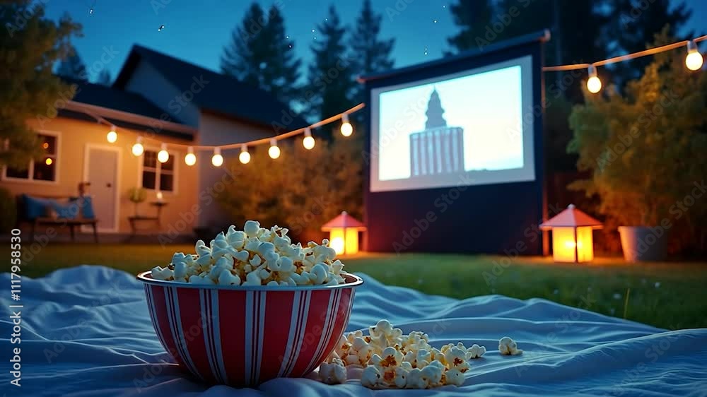 Backyard Movie Night with Projector, String Lights, and Popcorn