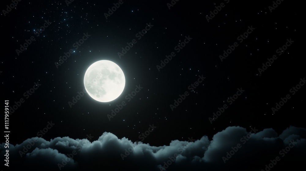 Bright full moon illuminating clouds in a starry night sky over a serene landscape Bright full moon illuminating clouds in a starry night sky over a serene landscape