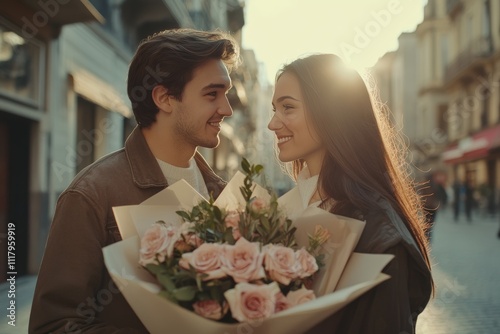 A young man presents a bouquet to his beautiful wife celebrating international women s day photo