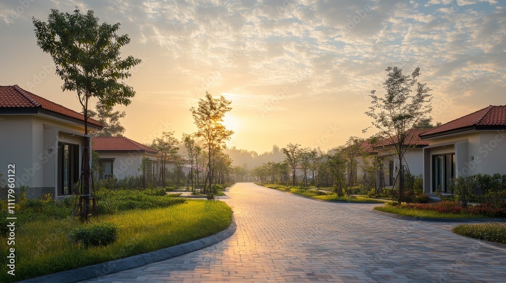 A serene pathway lined with houses and greenery, illuminated by a warm sunrise. A serene pathway lined with houses and greenery, illuminated by a warm sunrise.